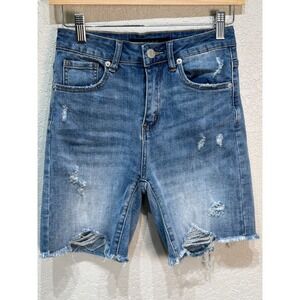 Risen Denim Shorts Women's Small Long Distressed Frayed Hem Blue Jean
